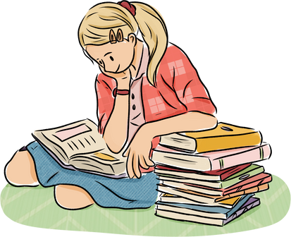 Loose Scribbly Patterned School Teen Girl Full Body Reading Books on the Floor