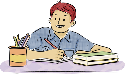 Loose Scribbly Patterned School Boy Half Body Writing on Desk